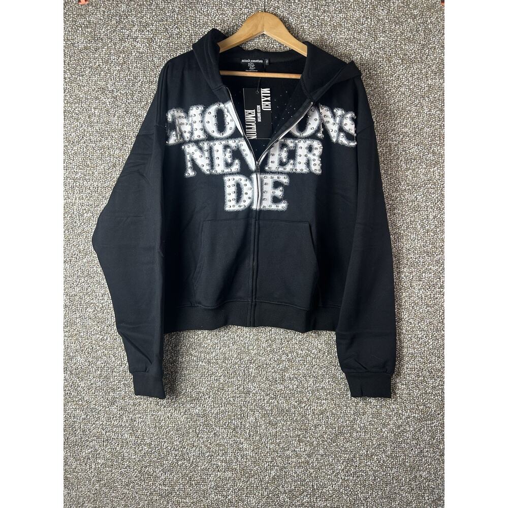 Mixed Emotions Black Rhinestone Zip-Up Hoodie Sz XL New Never Die